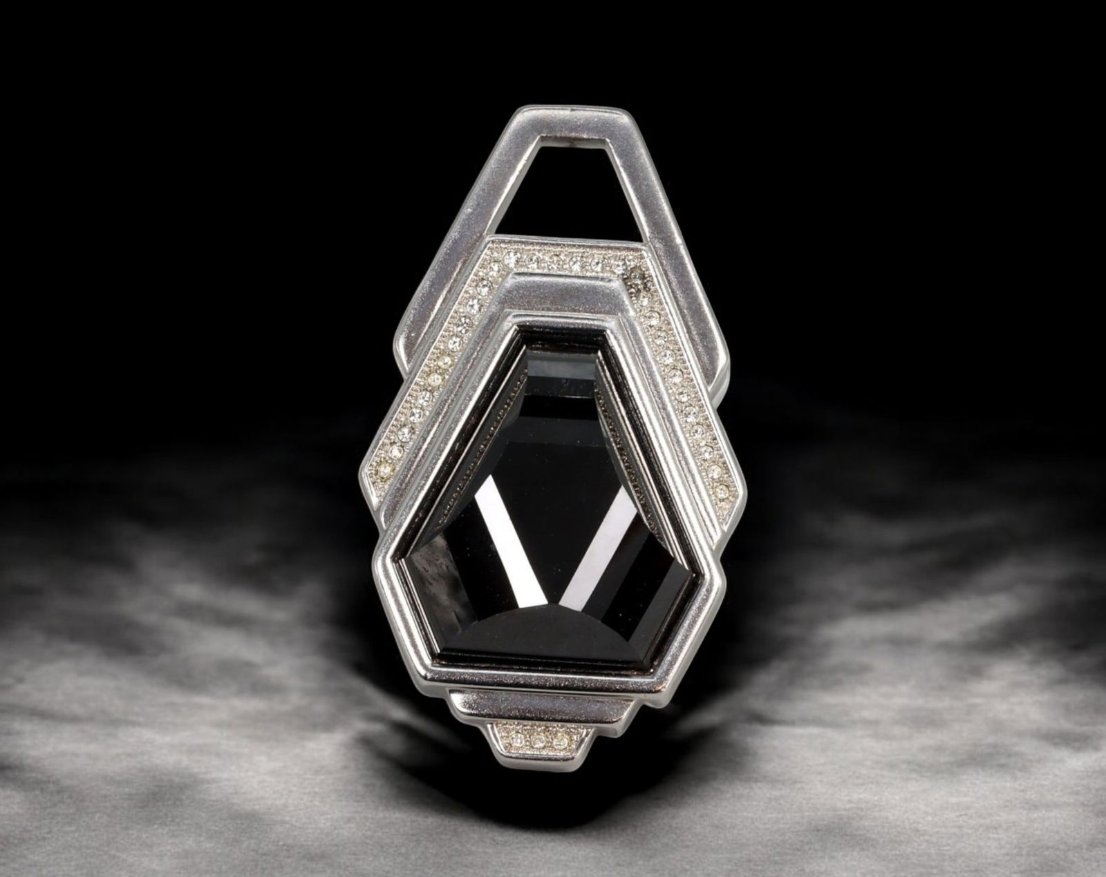 EUROPE: Art Deco-Style Geometric Brooch - Silver-Tone Metal & Black Faceted Stone, 20th Century (1 of 3)