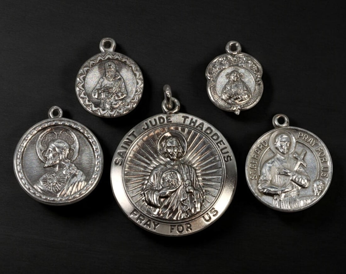 FRANCE: Catholic Devotional Medals - Silvered & Bronze, St. Jude, Sacred Heart & Saints (5pcs) (1 of 2)