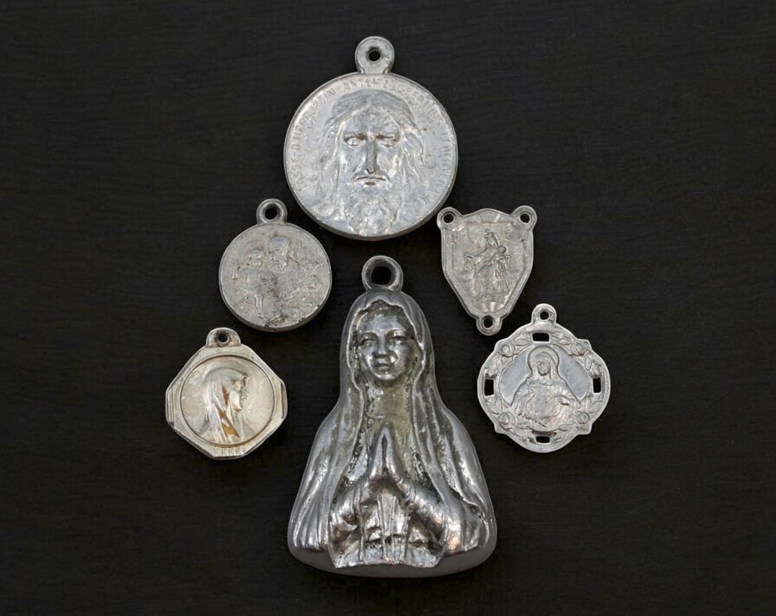 JAPAN/FRANCE: Religious Medals & Marian Devotional Set - Silver-Tone Metal, 20th Century (Set of 6) (1 of 2)