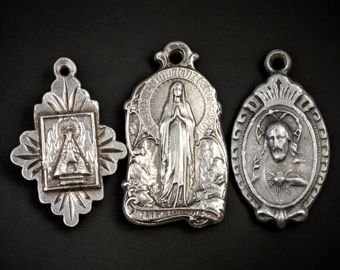 SPAIN & FRANCE: Set of Three Religious Medals - Aluminum & Silvered Metal, 19th-20th Century (1 of 2)