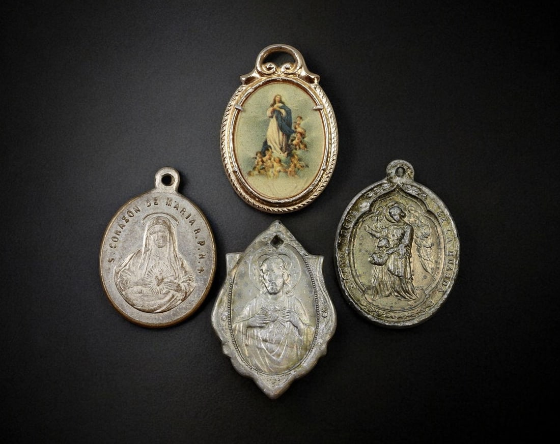 SPAIN: Set of Four Catholic Religious Medals - Silvered Metal & Gilt, 20th Century (1 of 2)