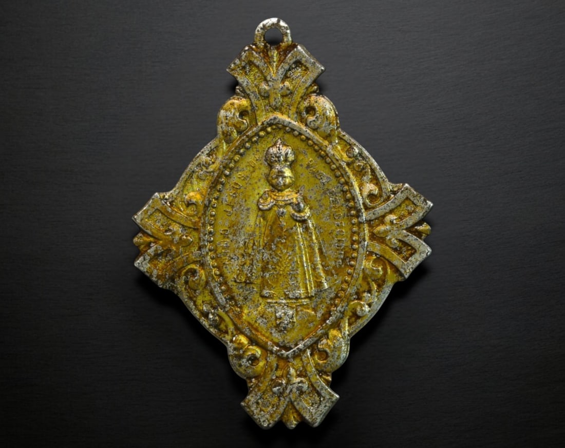 SPAIN: Nuestra Senora del Rocio Devotional Medal - Brass, Ornate Cross-Shaped Design (1 of 2)