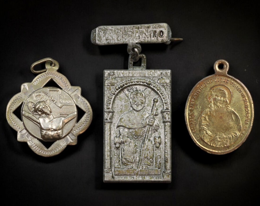SPAIN: Sacred Heart & Santiago Compostela Pilgrimage Medals - Bronze & Aluminum, Balaguer Devotion. (1 of 2)