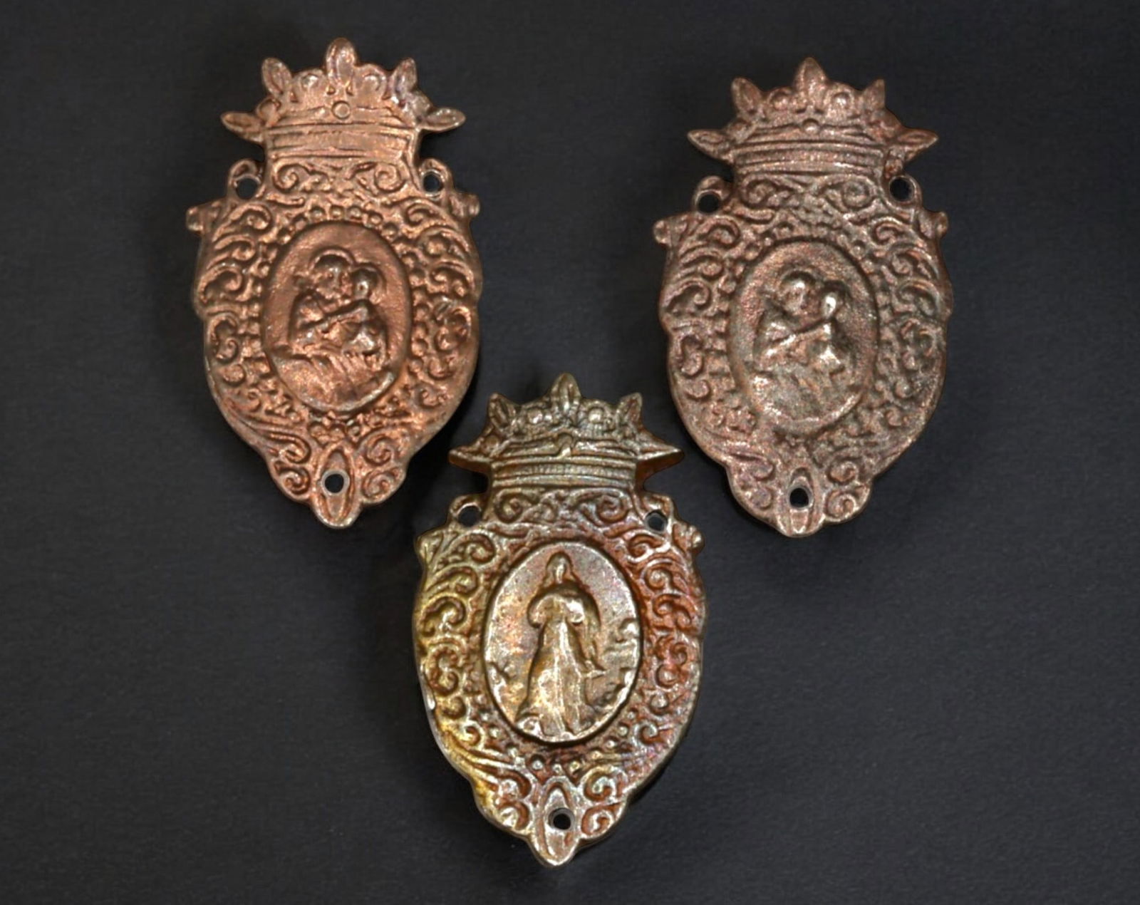 SPAIN: Set of Three Devotional Badges - Crowned Marian Iconography, 19th-20th Century (1 of 2)