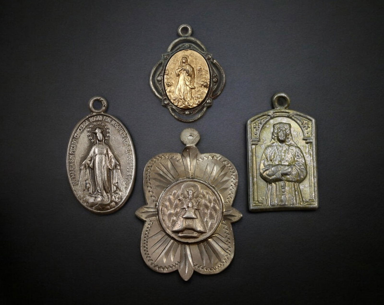 MEXICO: Set of 4 Religious Devotional Medals - Silver-Tone Metal & Gilded Brass, 19th-20th Century (1 of 2)