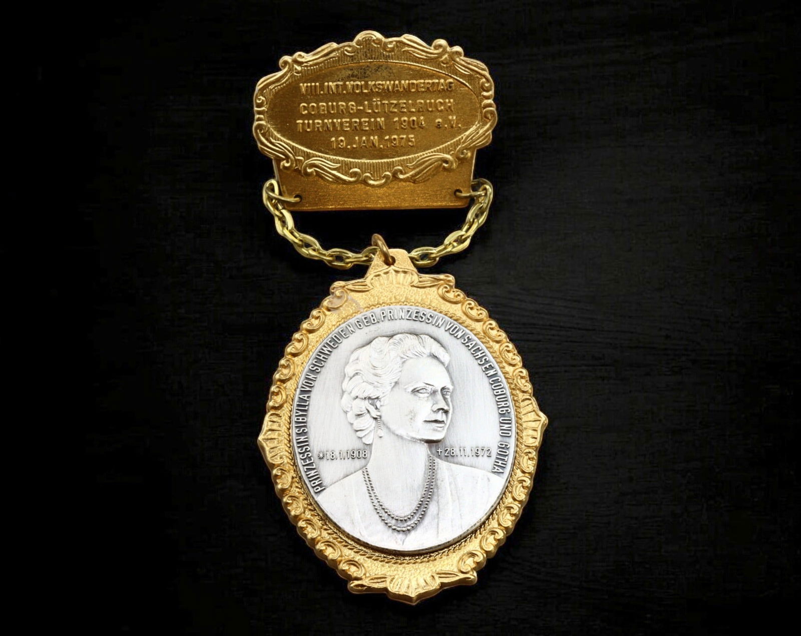 GERMANY: 8th International Volkswandertag Coburg-Lutzelbuch Badge - Princess Sibylla of Sweden, 1975 (1 of 2)