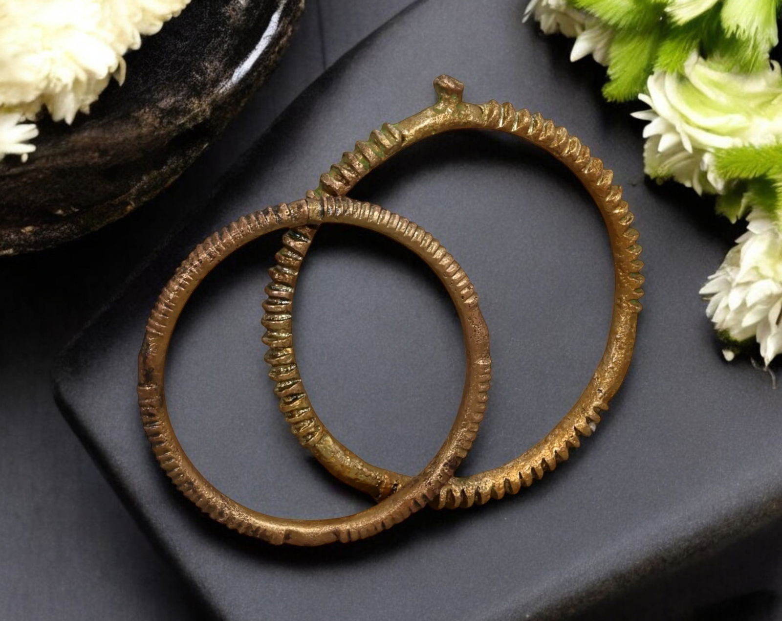 WEST AFRICA: Pair of Bronze Ribbed Manilla Currency Bracelets - 6.7-8.3cm, 85g, 17th-19th Century (1 of 2)
