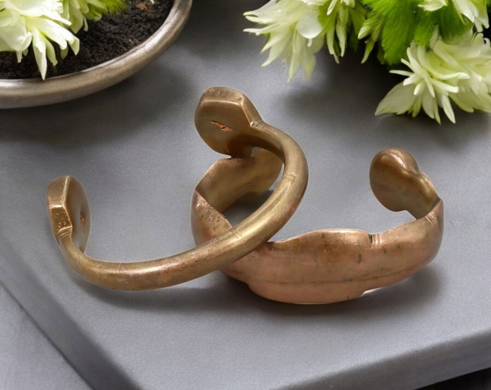 WEST AFRICA: Pair of Heavy Cast Bronze Manilla Currency Bracelets - 7.6-8cm, 281g,17th-19th Century (1 of 2)