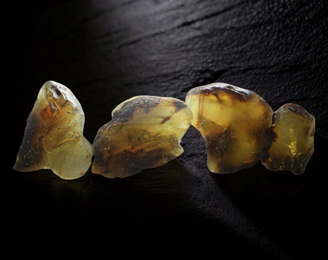 NATURAL: Baltic Amber Specimen Rough - 73g, 4-5.5cm, Fossilized Tree Resin: A stunning set of raw Baltic amber specimens, these unpolished pieces display rich golden hues with deep brown inclusions, characteristic of high-quality fossilized tree resin. The translucency and na