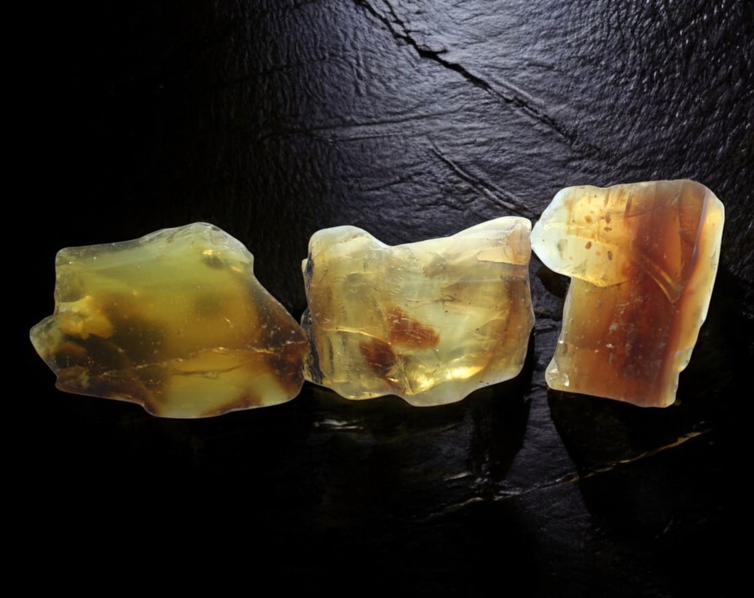 NATURAL: Baltic Amber Specimen Trio - 77g, 4.5-5cm, Fossilized Tree Resin: A stunning trio of raw Baltic amber specimens, these unpolished pieces display rich golden hues with deep brown inclusions, characteristic of high-quality fossilized tree resin. The translucency and n