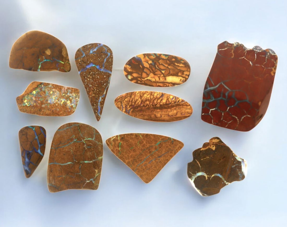 AUSTRALIA: Matrix Boulder Opal Preform Rough Lot, 33g, 1.5-2.5cm Each: A stunning selection of matrix boulder opal rough, sourced from Australia's renowned opal fields in Queensland. These preform-cut rough specimens display vivid flashes of blue, green, and purple opale