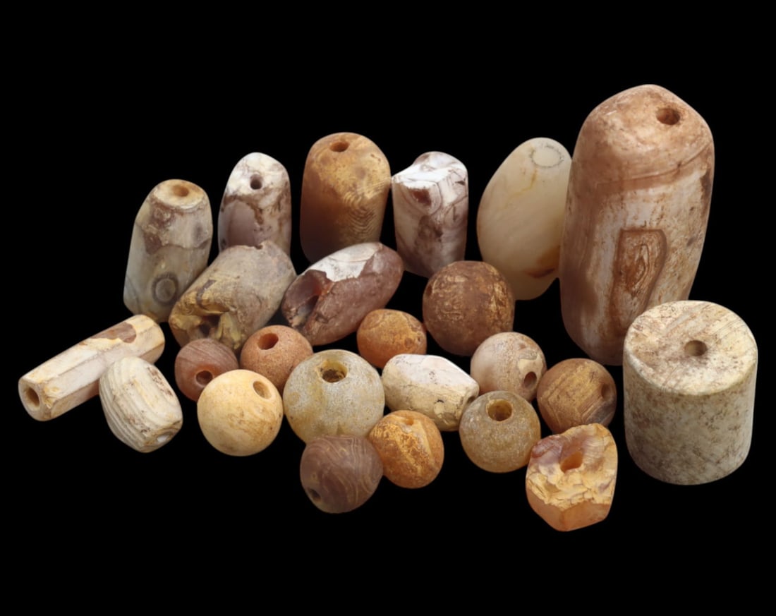 ANCIENT: Agate & Carnelian Beads - 5-35mm, 62g: An exceptional collection of ancient agate and carnelian beads, varying in shape from barrel, spherical, cylindrical, and bicone forms. The beads exhibit a rich array of earthy tones, natural banding,