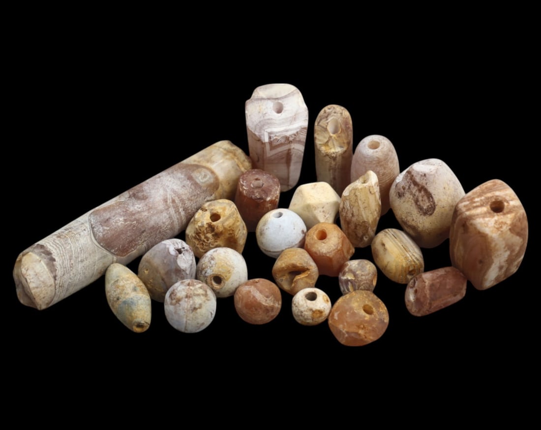 ANCIENT: Agate & Carnelian Beads - 5-55mm, 60g: A stunning collection of ancient agate and carnelian beads, displaying a range of warm hues, intricate banding, and natural patina indicative of centuries of wear. The assortment includes spherical, h