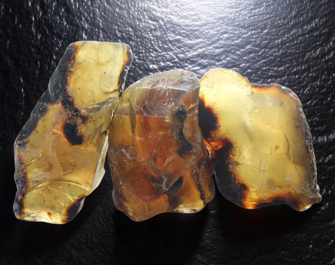 NATURAL: Baltic Amber Specimen Trio - 69g, 4-6.5cm, Fossilized Tree Resin: A stunning trio of raw Baltic amber specimens, these unpolished pieces display rich golden hues with deep brown inclusions, characteristic of high-quality fossilized tree resin. The translucency and n