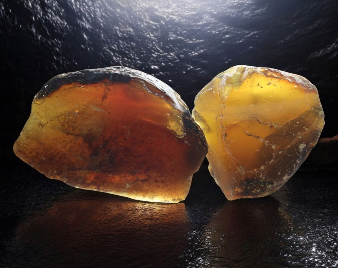 NATURAL: Baltic Amber Specimen Rough - 89g, 6.5-7cm, Fossilized Tree Resin: A stunning set of raw Baltic amber specimens, these unpolished pieces display rich golden hues with deep brown inclusions, characteristic of high-quality fossilized tree resin. The translucency and na