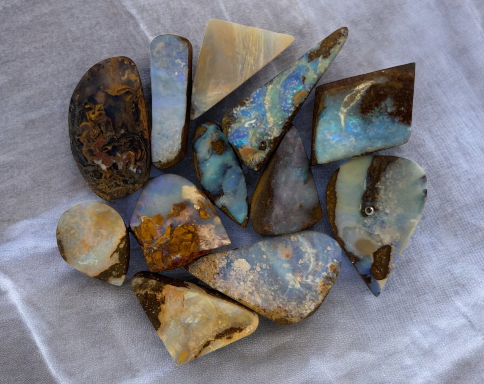 AUSTRALIAN MATRIX BOULDER OPAL - Preform Rough Lot, 12 Pieces, 10.3g, 11.3-19mm (Images Taken Wet): A dazzling lot of preform Australian matrix boulder opals, with individual sizes. These opals have been rubbed and pre-shaped, highlighting their vibrant natural colors and intricate ironstone matrix 