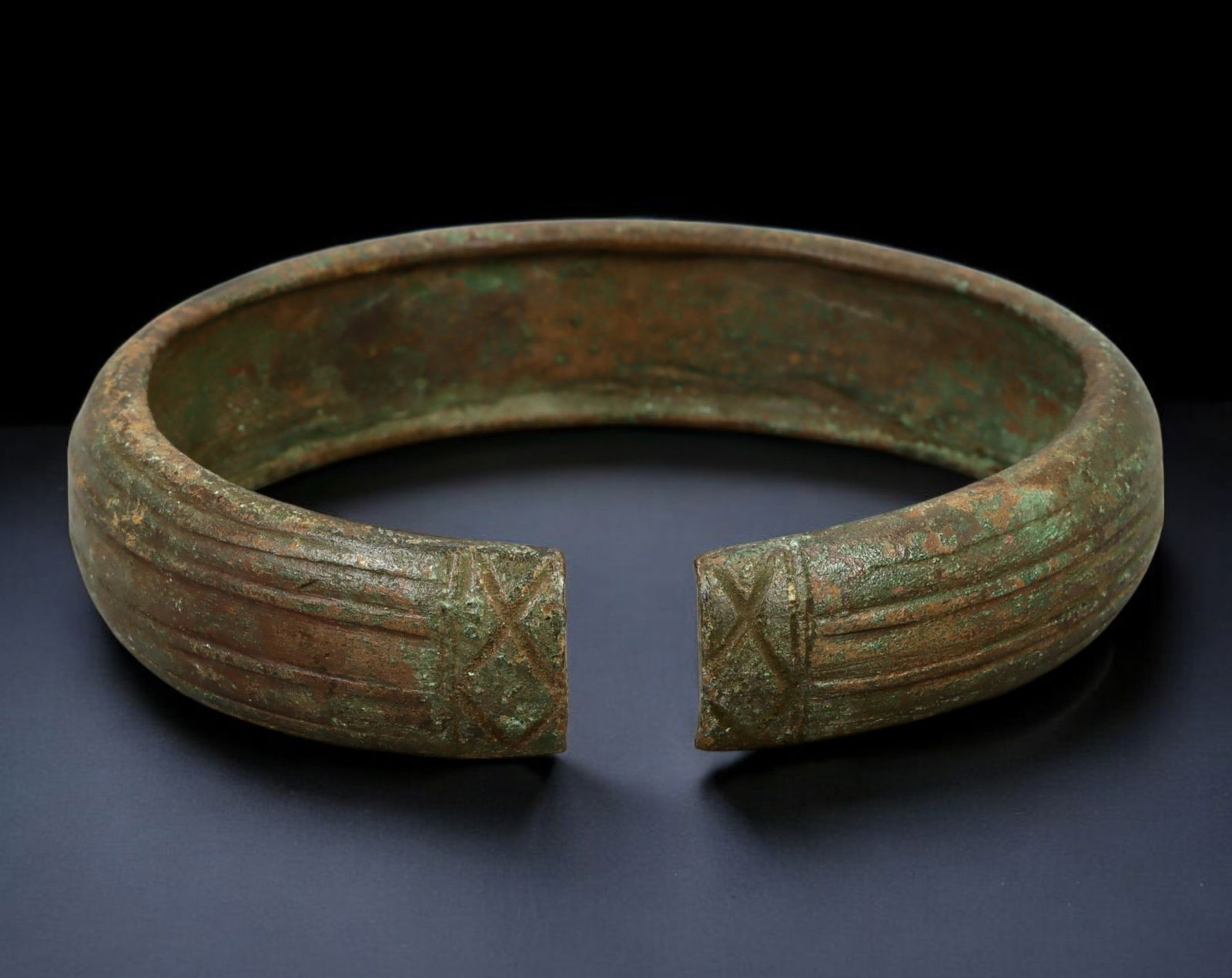 PRE-COLONIAL WEST AFRICA: Bronze Trade Bracelet - Grooved Band with Terminal Cross Motifs, 7.3 cm (1 of 4)