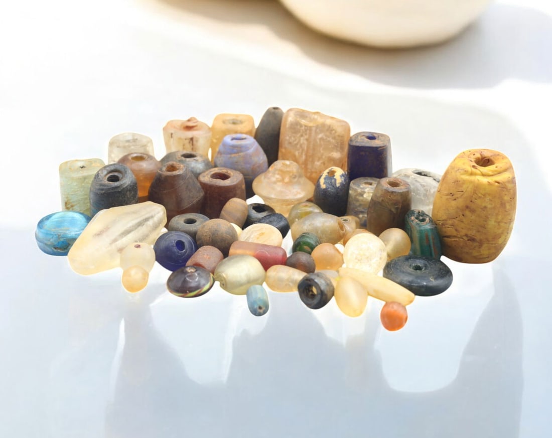 Collection of Vintage Art Glass Beads - Antique & Handmade, 10-35mm, 241g: A captivating assortment of vintage and antique art glass beads, showcasing masterful craftsmanship and unique design elements. These handcrafted beads exhibit intricate detailing, applied textures, a