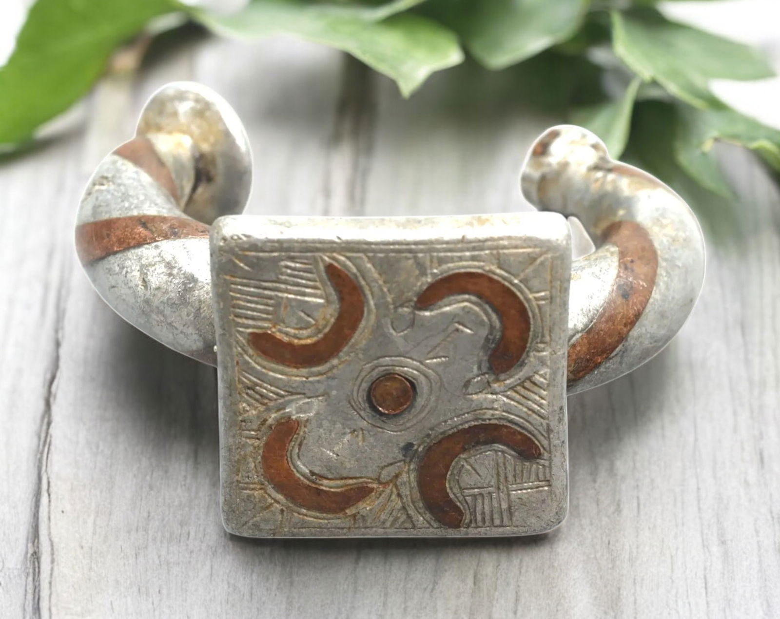 WEST AFRICA: Cast Metal Currency Bracelet with Engraved Panel - 5.5x7.7cm, 99g (1 of 2)