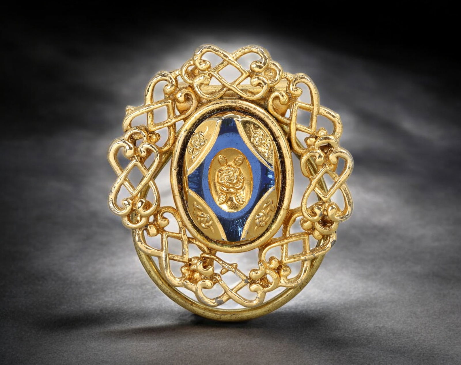 AUSTRO-HUNGARIAN ENAMEL JEWELRY: Brooch - Gilt Lattice with Blue Guilloche Center, 3.5x3cm (13g) (1 of 2)