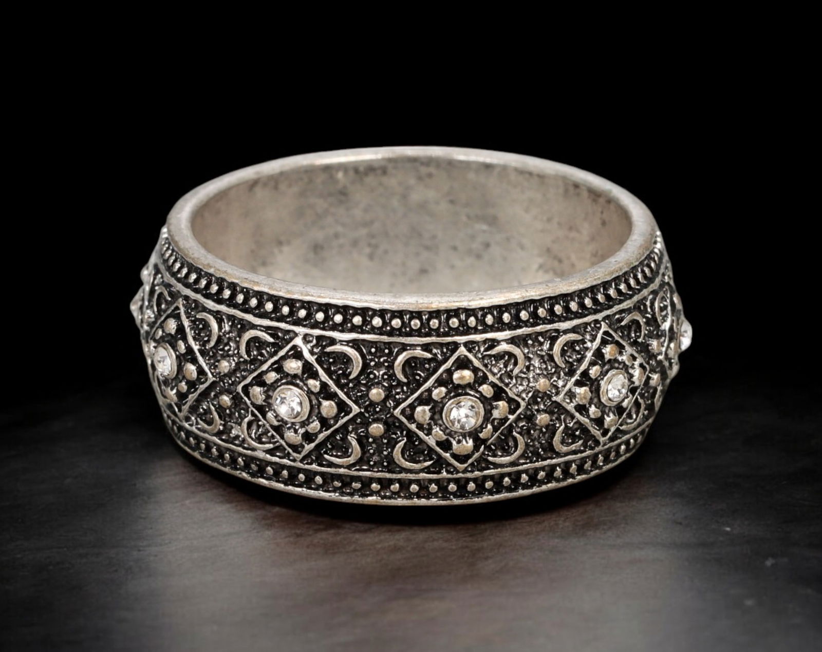 RENAISSANCE REVIVAL: Band Ring - Silver-Tone with Granulated Diamond Motifs, Size 10.2 (7g) (1 of 2)