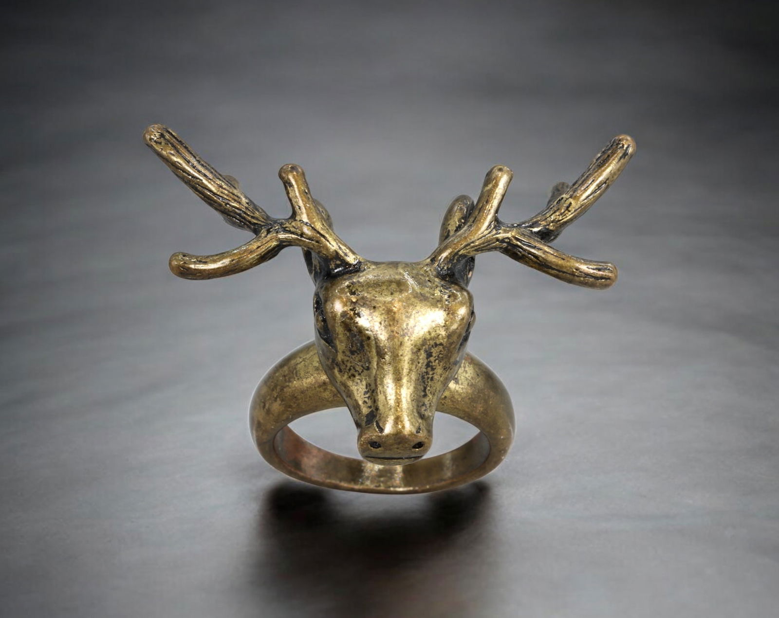 RUSTIC FOLK STYLE: Ring - Cast Bronze Deer Head Motif, US 7.5 (12g) (1 of 5)