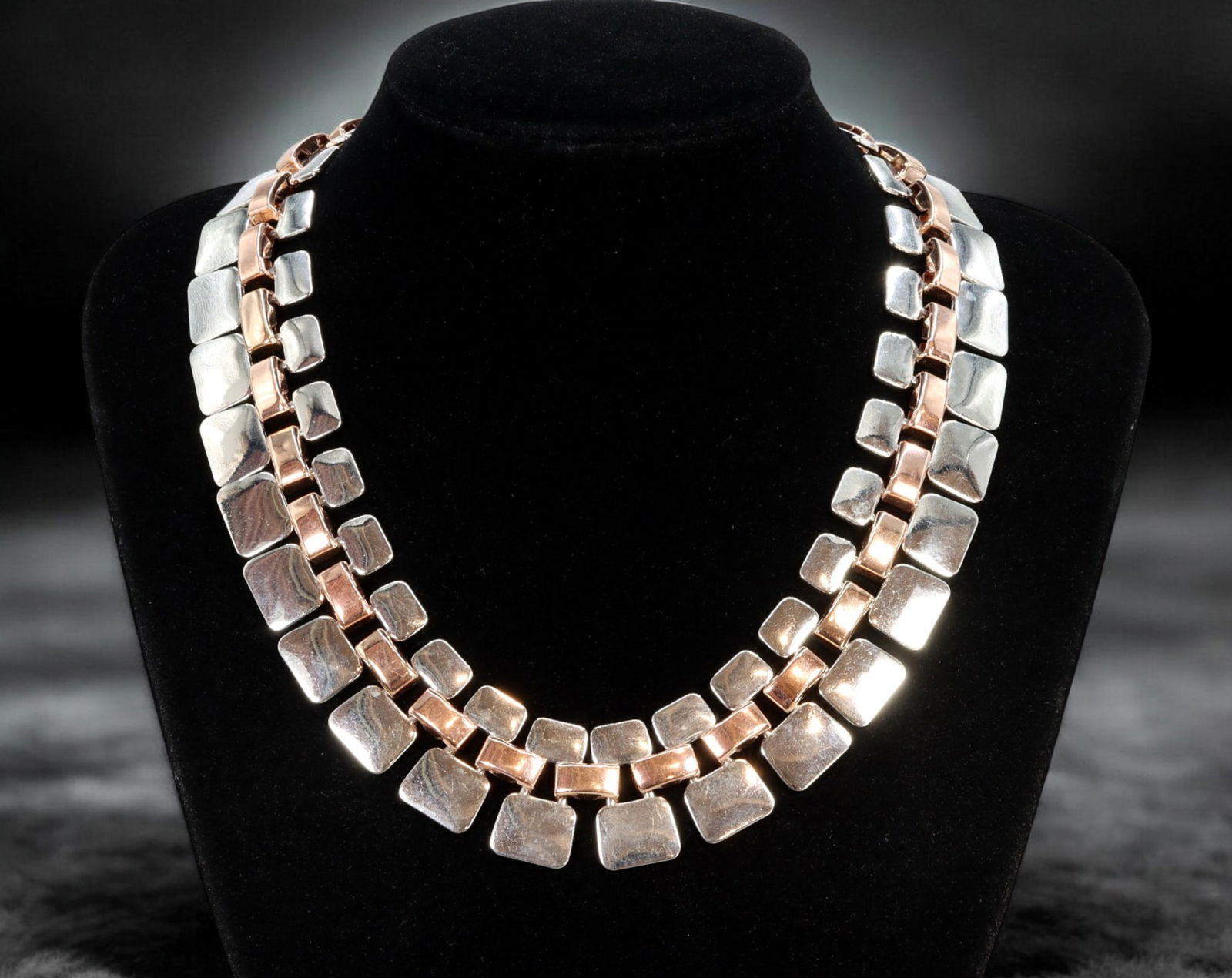 CONTEMPORARY DESIGN: Necklace - Bi-Tone Sculptural Links in Silver & Rose Gold-Tone, 53cm (85g) (1 of 2)