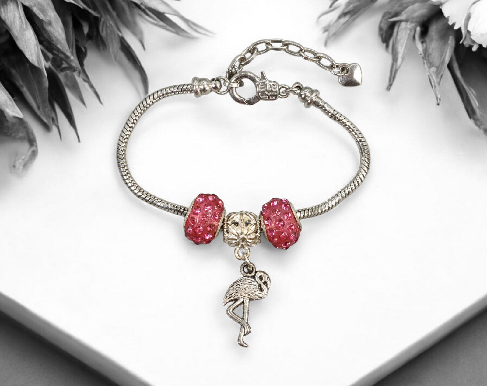 CONTEMPORARY STYLE: Bracelet - Silver-Tone Snake Chain with Pink Beads & Flamingo Charm, 22.5cm (1 of 1)