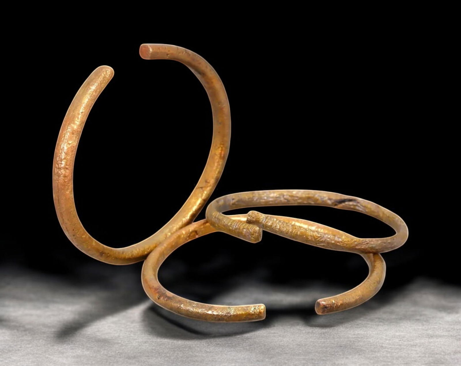 AFRICAN TRADE: Trio of Open Bangles - Forged Bronze Currency Set, West Africa, 5.2-6.7 cm, 55 g (1 of 1)