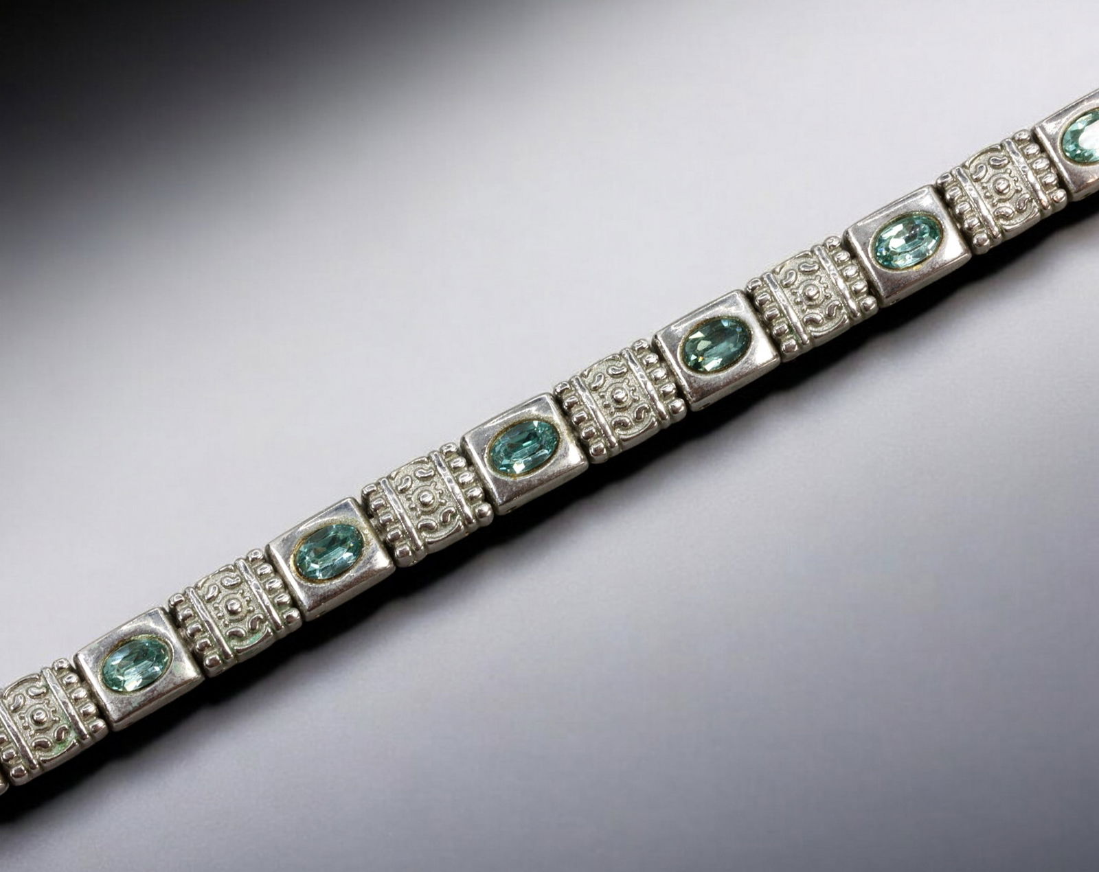 LATE 20TH CENTURY: Bracelet - Silver-Tone Panels with Aqua Glass Ovals & Scrollwork, 19cm (25g) (1 of 2)