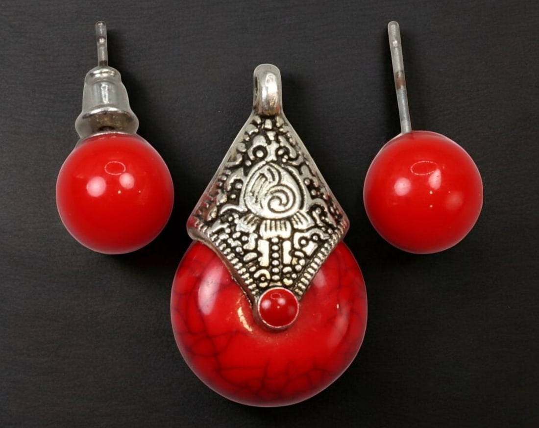 VINTAGE: Bohemian Red Bead Earrings & Ethnic Pendant - Ornate Silver-Tone Accents, Late 20th Century (1 of 2)