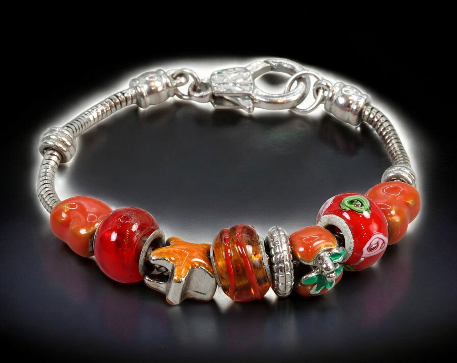CONTEMPORARY EUROPEAN: Charm Bracelet - Silver-Tone Snake Chain with Murano-Style Glass Beads, (1 of 1)