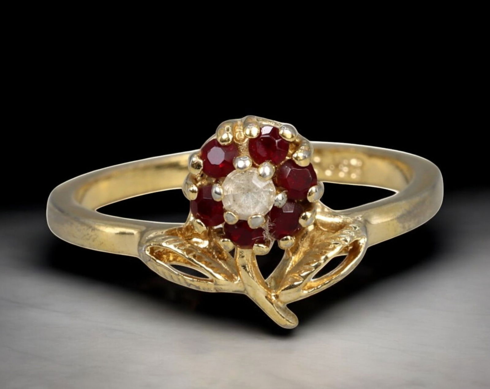 RETRO MODERN: Ring - Gold-Filled Floral with Ruby Cluster, US 8.5, Signed ESPO (1 of 4)