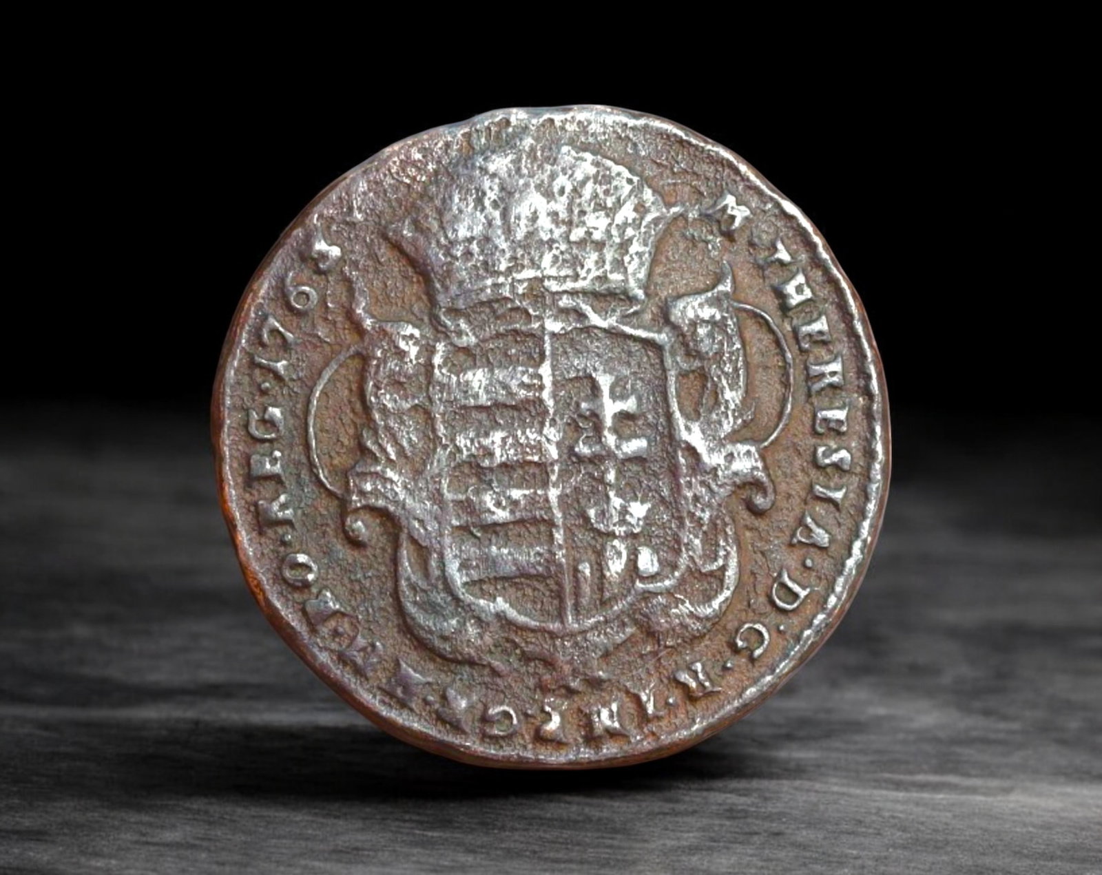 HUNGARY (UNDER AUSTRIA): Maria Theresia - Copper 1 Denar Coin, 1763, 20mm, 6g: This copper 1 Denar Coin, struck in 1763 under Maria Theresia, blends dynastic power with sacred symbolism at a time when the Habsburg Monarchy sought to reinforce its Catholic identity across its ter