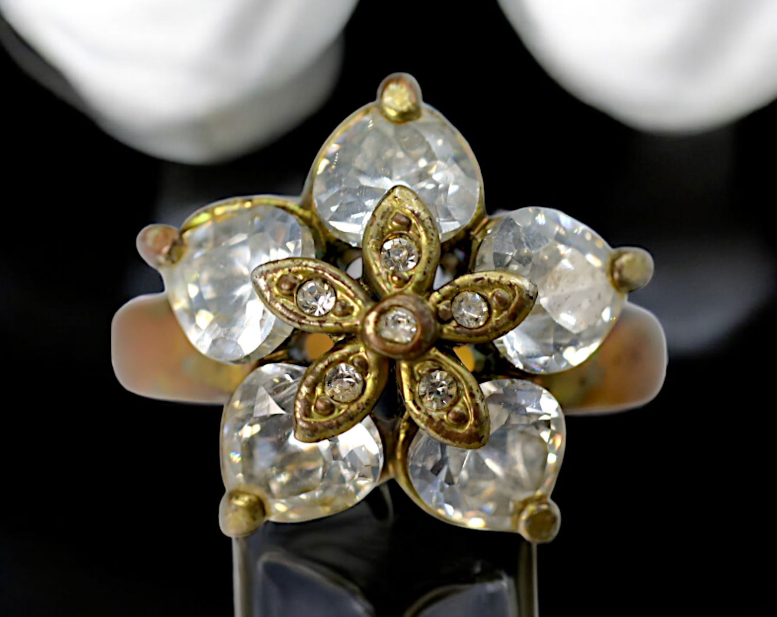 INDIA: Mughal-Style Floral Cocktail Ring - Gold-Tone Metal with White Glass & Crystal (1 of 3)