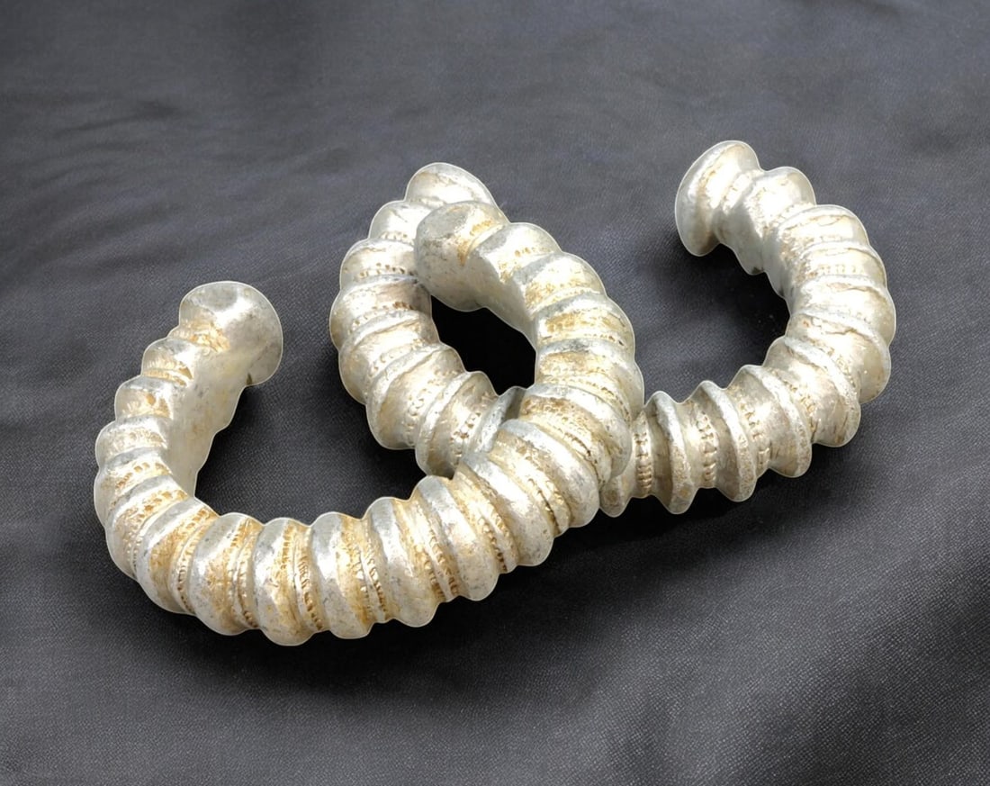 WEST AFRICA: Bamileke & Fulani Ribbed Aluminum Currency Bracelets - 7.5-8cm, 150g, 19th/20th C.: A striking pair of Bamileke and Fulani currency bracelets, featuring deeply incised ribbed designs and rounded terminal knobs, hallmarks of West African wealth and trade currency. These bracelets were