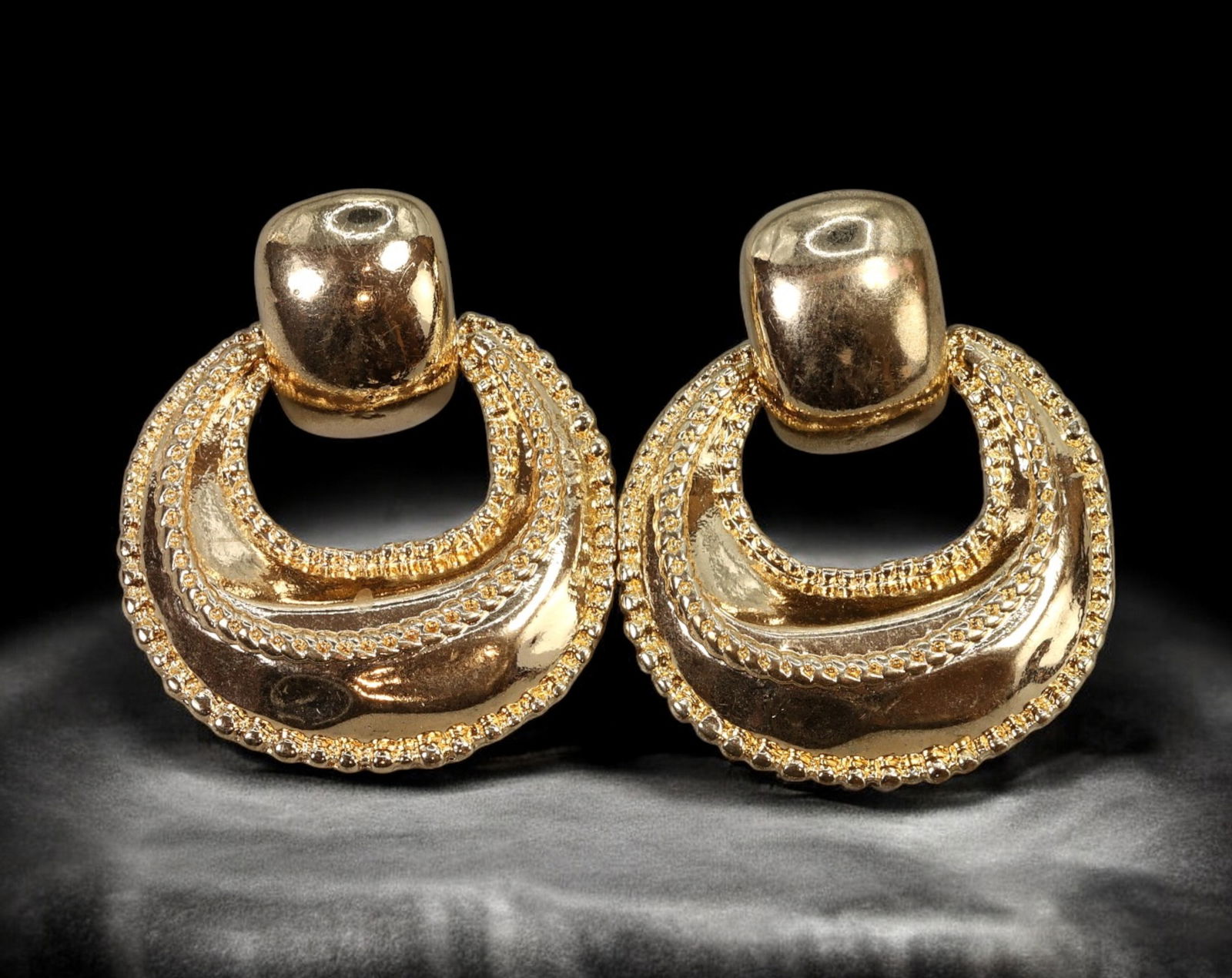 RETRO MODERN: Earrings - Gold-Tone Sculptural Domes with Beaded Edges, 3.7cm (15g) (1 of 2)