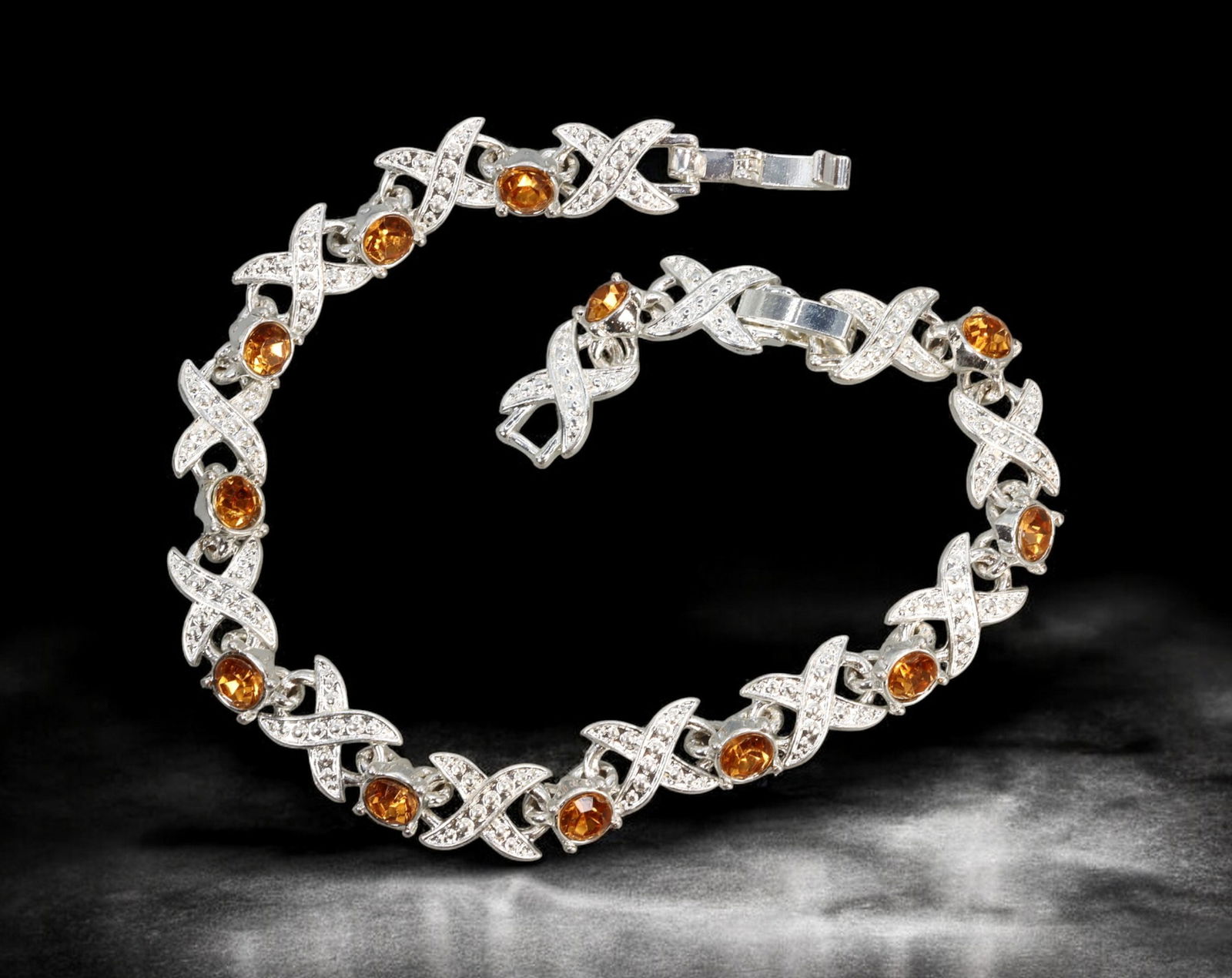 CONTEMPORARY: Bracelet - Silver-Tone 'X' Links with Amber-Orange & Crystals (23.5cm, 14g) (1 of 1)