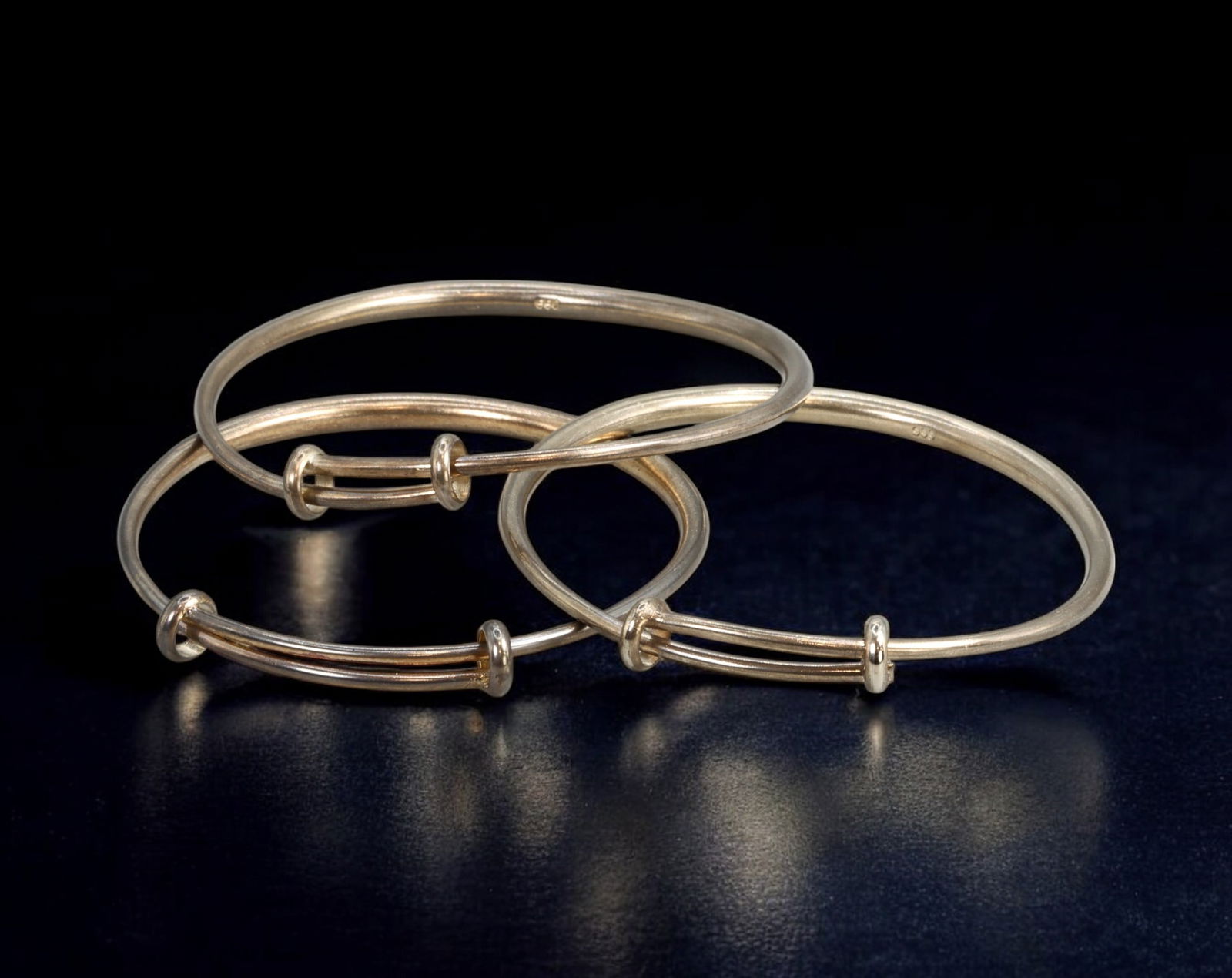 MID-CENTURY MODERNIST:Bangle Trio -Silver-Tone Industrial Tube Form with Tension Bar (1 of 2)