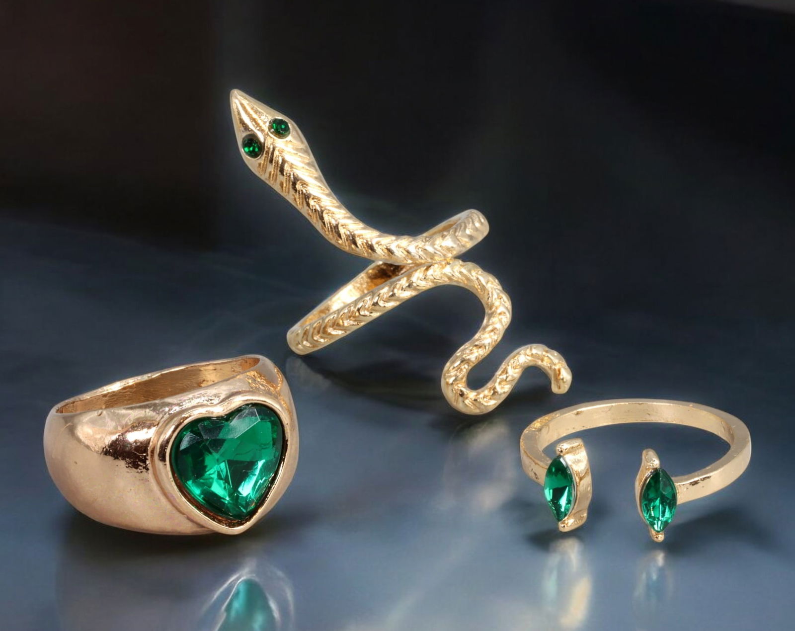 Y2K: Ring Trio - Gold-Tone with Green Stones, Serpent, Heart & Twin Marquise Motifs (US 6-7, 11g) (1 of 1)