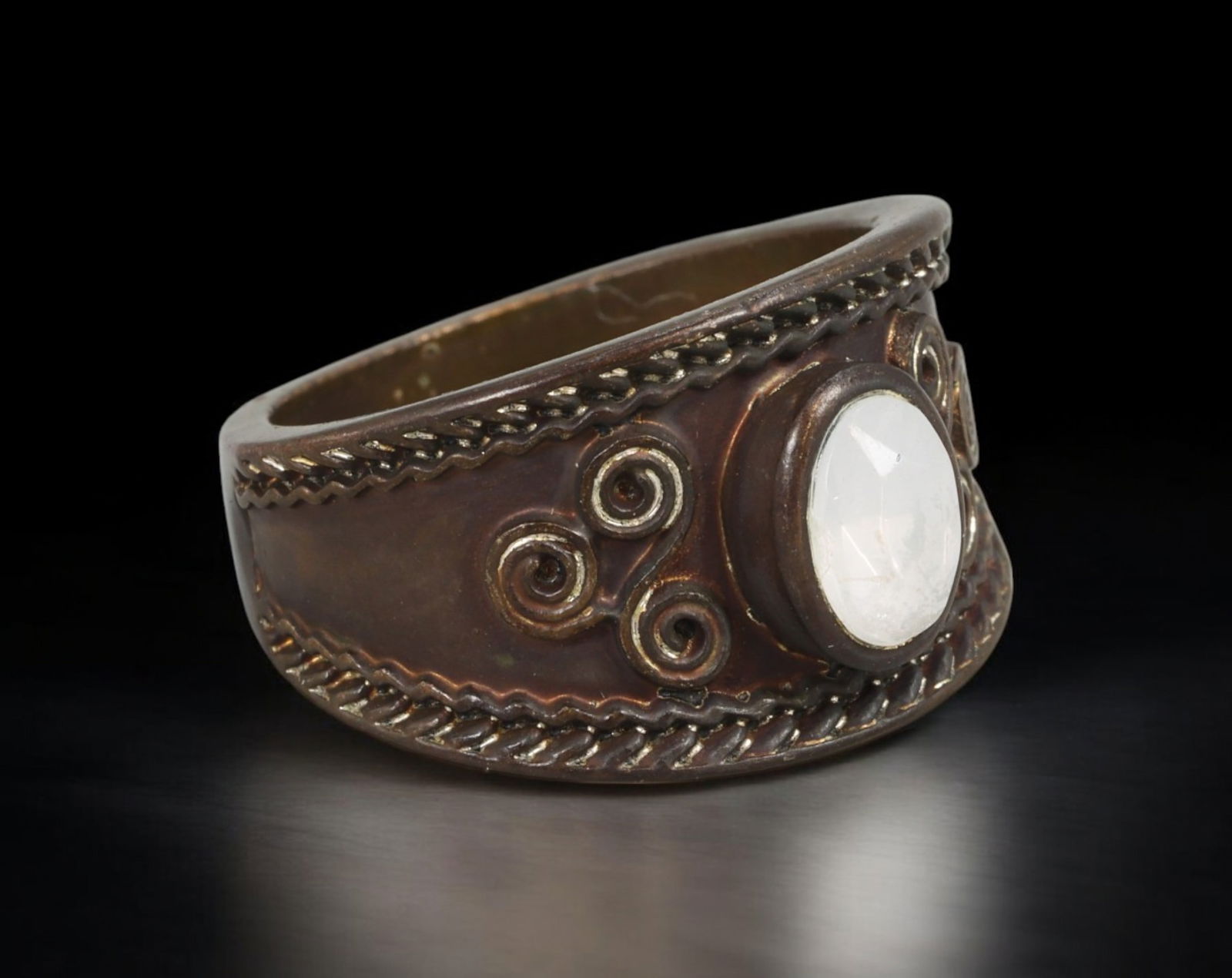 CELTIC REVIVAL: Ring - Bronze Band with White Oval Stone and Spiral Filigree, US 7 (5.5g) (1 of 3)