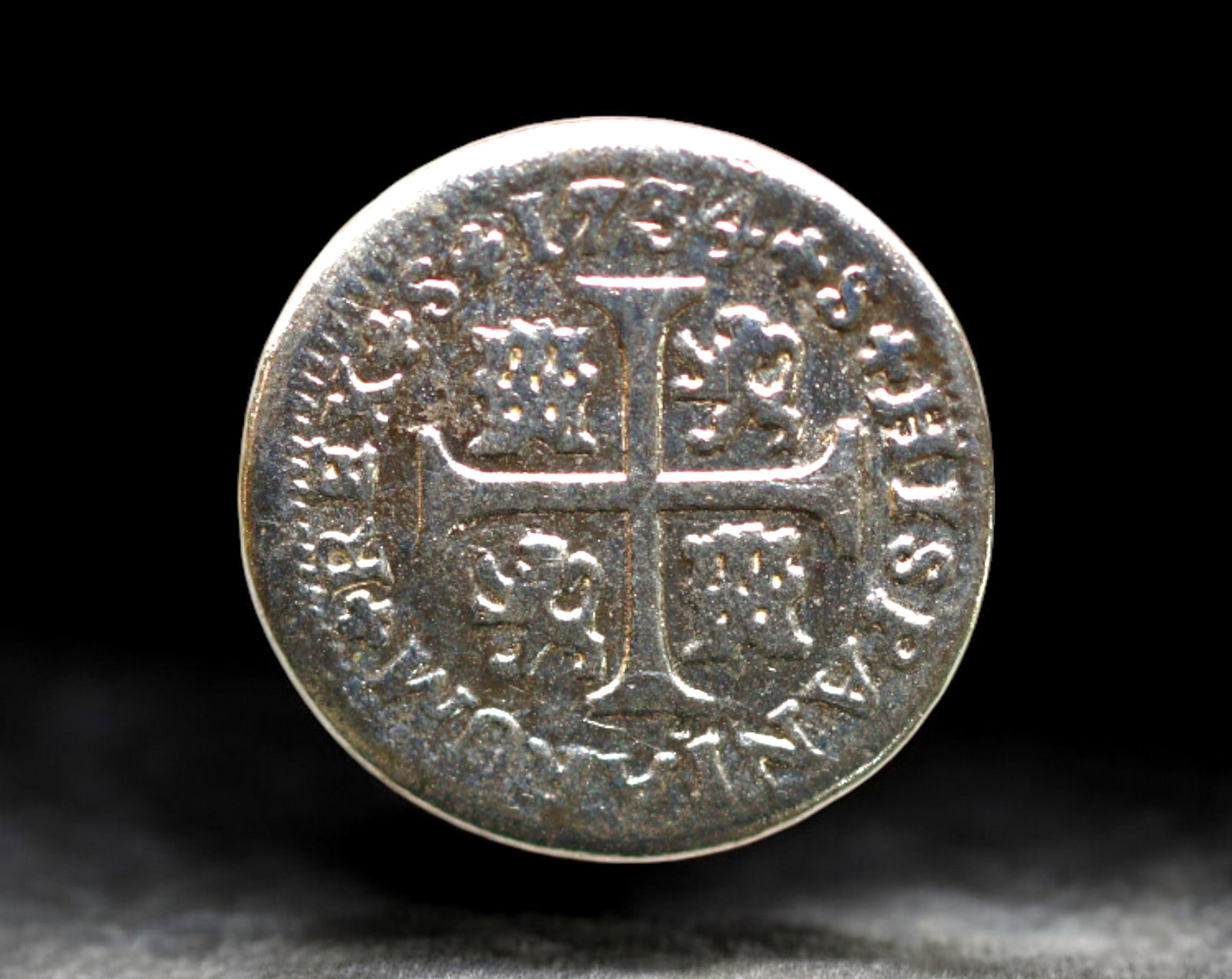 SPANISH COLONIAL BAROQUE:Button - Silver-Tone with Cross&Castilian Emblems,ca.18th Century 5mm, 1.4g: This finely cast 18th-century silver-tone button draws on Spanish Colonial Baroque design, featuring a central cross flanked by heraldic Castilian lions and towers-echoing the royal arms of Spain. Tho