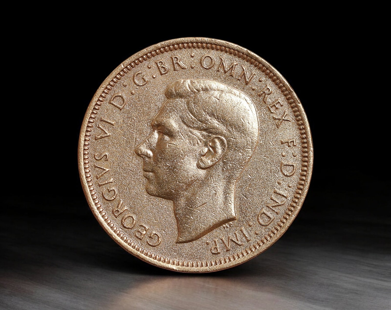 GREAT BRITAIN: George VI - Bronze Halfpenny Coin, 1944 London Mint (25.5mm, 5.7g): Issued at the height of World War II, this 1944 bronze halfpenny from the reign of King George VI reflects wartime Britain's enduring coinage traditions. The obverse bears the youthful profile of the 