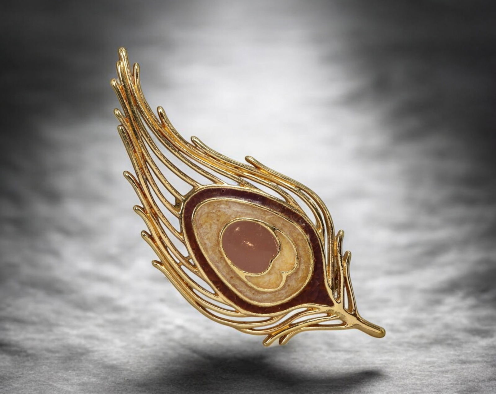 EUROPE: Peacock Feather Brooch - Gold-Tone Metal & Enamel, Mid-20th Century (1 of 2)