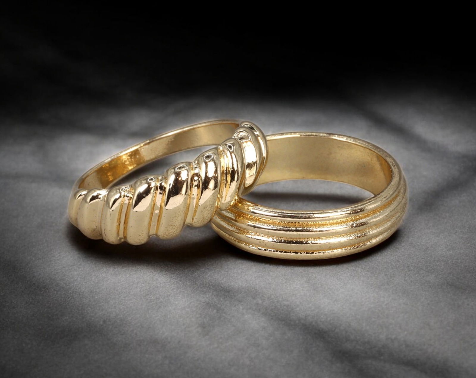RETRO MODERN: Ring Pair - Gold-Tone Ribbed Bands, ca. 1950s (Size 7.75, 6g) (1 of 2)