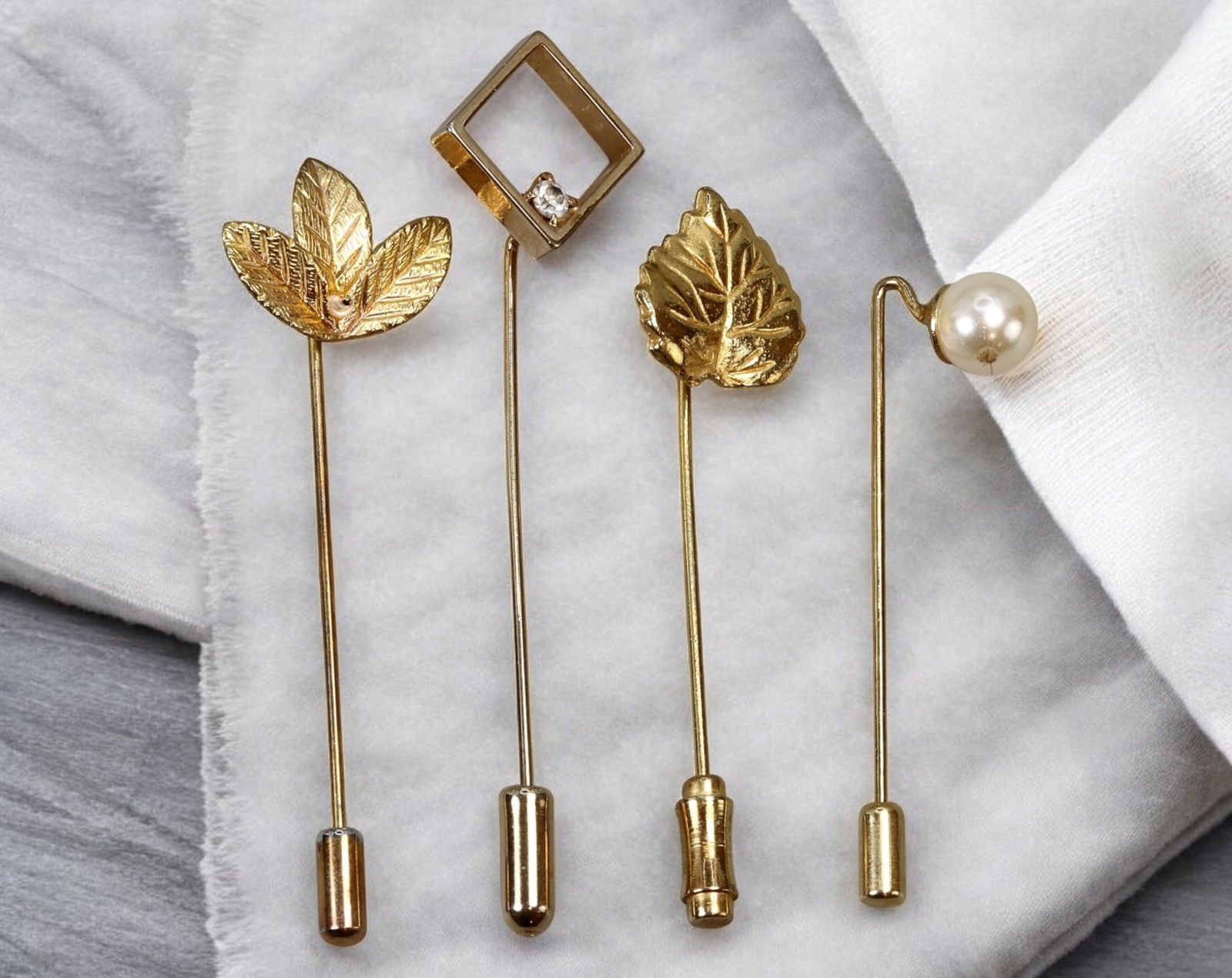 RETRO MODERN: Stick Pin Set - Gold-Tone with Leaf, Pearl & Geometric, 4.9-6.1cm, 7g (1 of 1)
