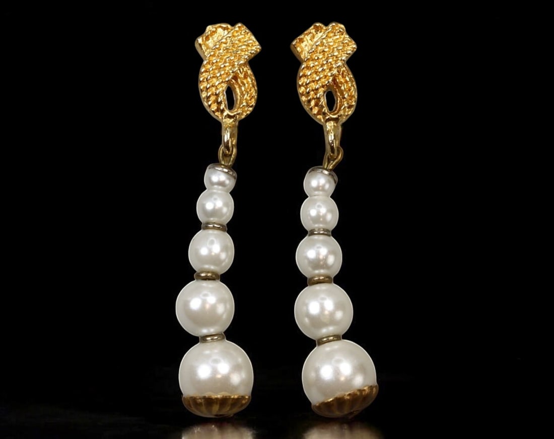 VINTAGE: Gold-Tone & Faux Pearl Drop Earrings - Elegant Tapered Design, Mid-20th Century (1 of 2)
