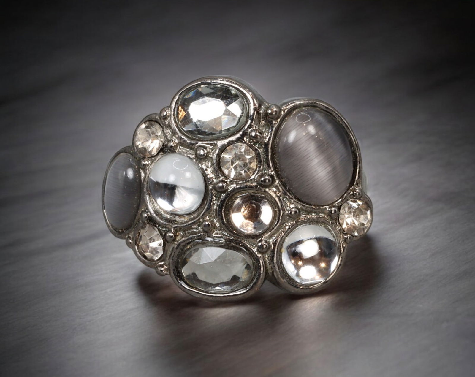 BRUTALIST: Cocktail Ring - Dark Metal with Mixed-Cut Glass Cluster, ca. 1970s (Size 9.5, 9g) (1 of 4)