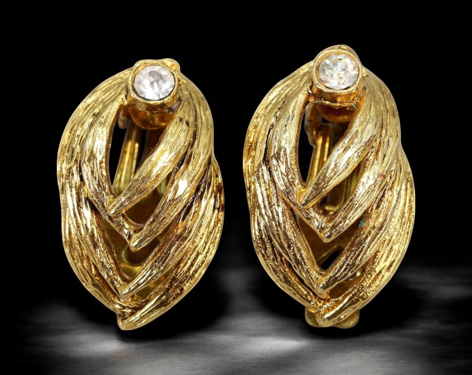 RETRO MODERN: Earrings - Gold-Tone Leaf Twist with Crystal Accent, 2.4cm, Signed ‘R’ (1 of 2)