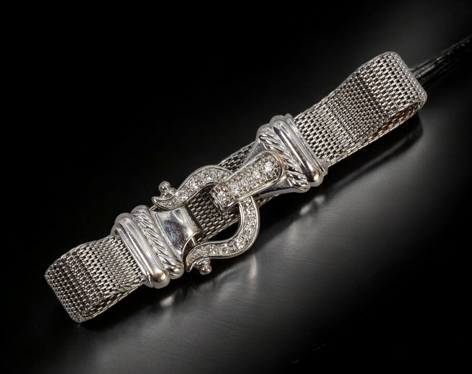 CONTEMPORARY: Bracelet - Silver-Tone Mesh with Pav? Accents & Horseshoe Clasp (20.1cm, 27g) (1 of 2)